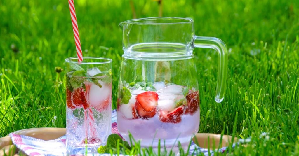 Chilled strawberry and mint refreshment on a picnic blanket outdoors in summer.