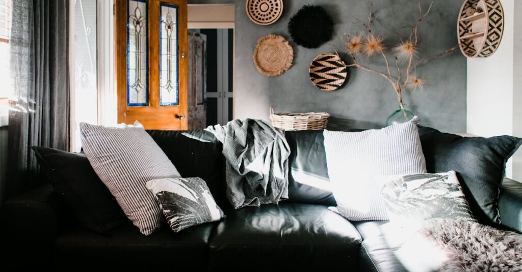 Cozy living room with sunlit leather sofa and modern interior decor elements.