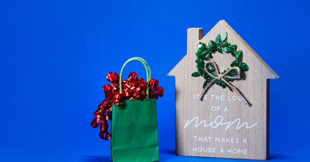 Green gift bag and wooden decor with a heartfelt quote for Mother's Day.