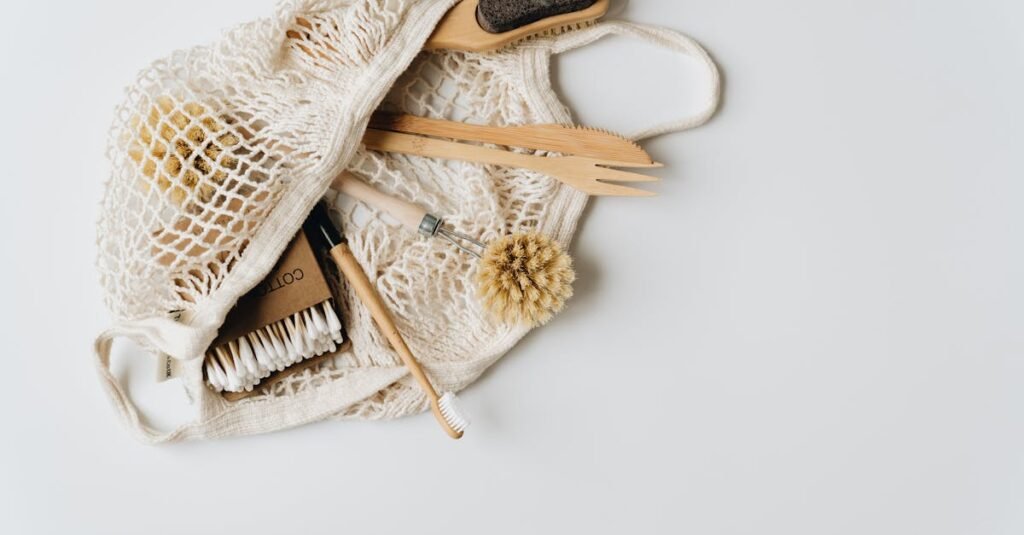 Minimalist flat lay of zero-waste personal care essentials featuring bamboo and natural materials.