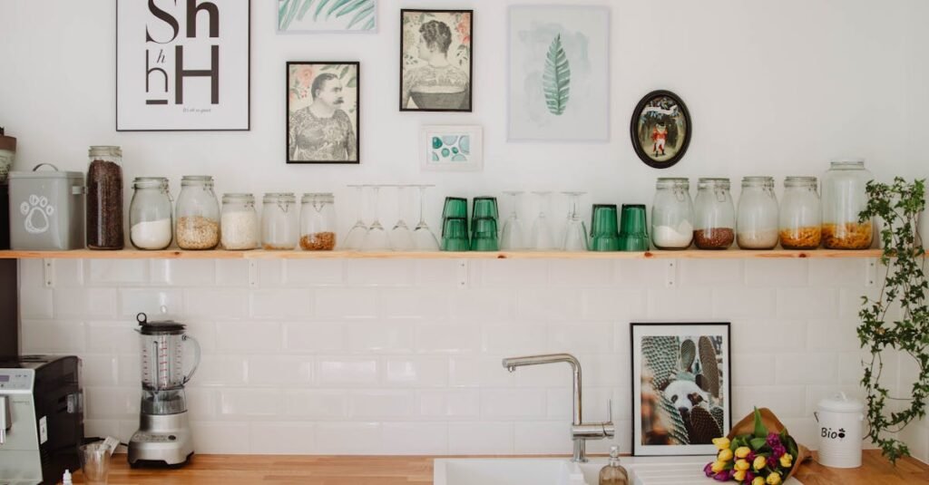 Contemporary kitchen in Estonia featuring wooden shelves, decor elements, and glass jars above a sink.