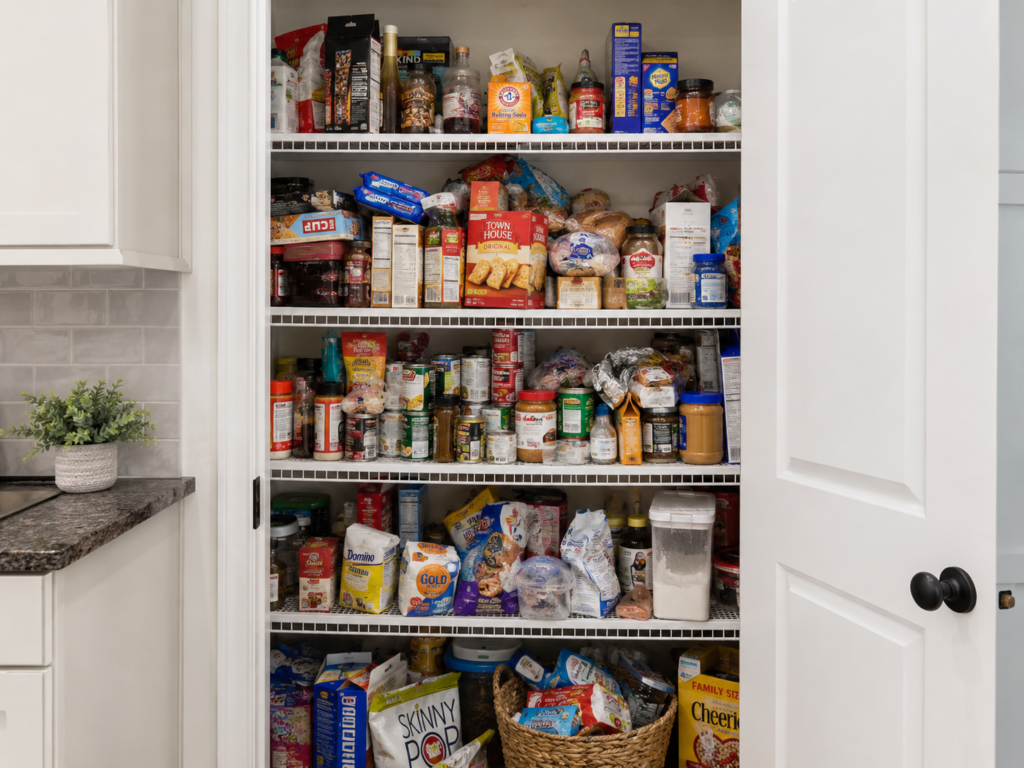 A clean, organized pantry with labeled airtight containers and storage baskets showing pantry organization ideas for a tidy kitchen.