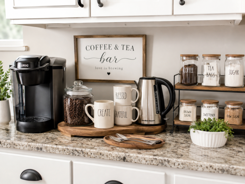 Organized coffee and tea bar on a kitchen counter with labeled jars, mugs, coffee maker, kettle, and cozy drink station storage ideas.