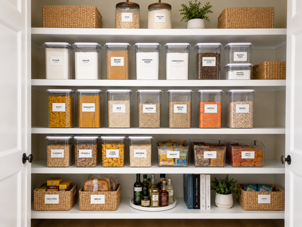 Pantry organization ideas featuring clear airtight containers, labeled jars, woven baskets, and neatly arranged kitchen pantry shelves.